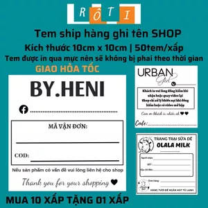 50 Phiếu ship hàng có tên shop sẵn keo kích thước 10x10cm in bằng mực đậm không phai