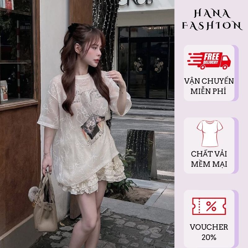 Set đồ nữ mùa hè áo thun in hình cô gái mix chân váy voan tầng trắng, set chân váy ngắn xếp ly tiểu thư HCOM26339