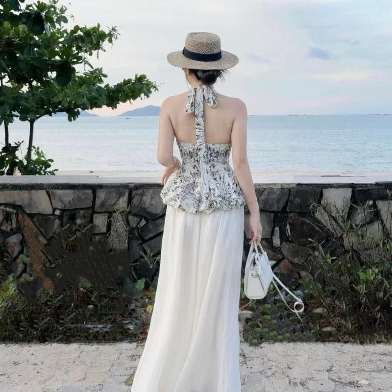 Set đồ nữ đi biển, set áo yếm in hoa hở lưng mix quần suông phong cách tiểu thư vintage HCOM26356
