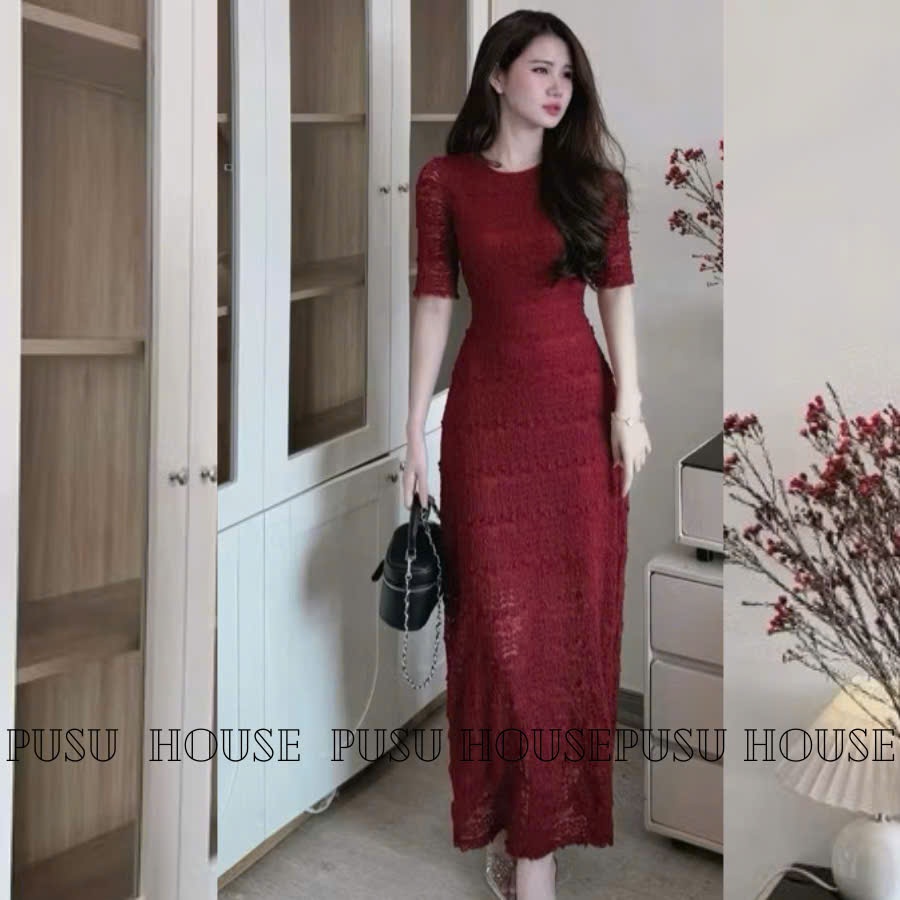 Đầm thiết kế ren thun nhún tay ngắn dáng body ôm dài tôn dáng trẻ trung 3 màu -PUSU HOUSE