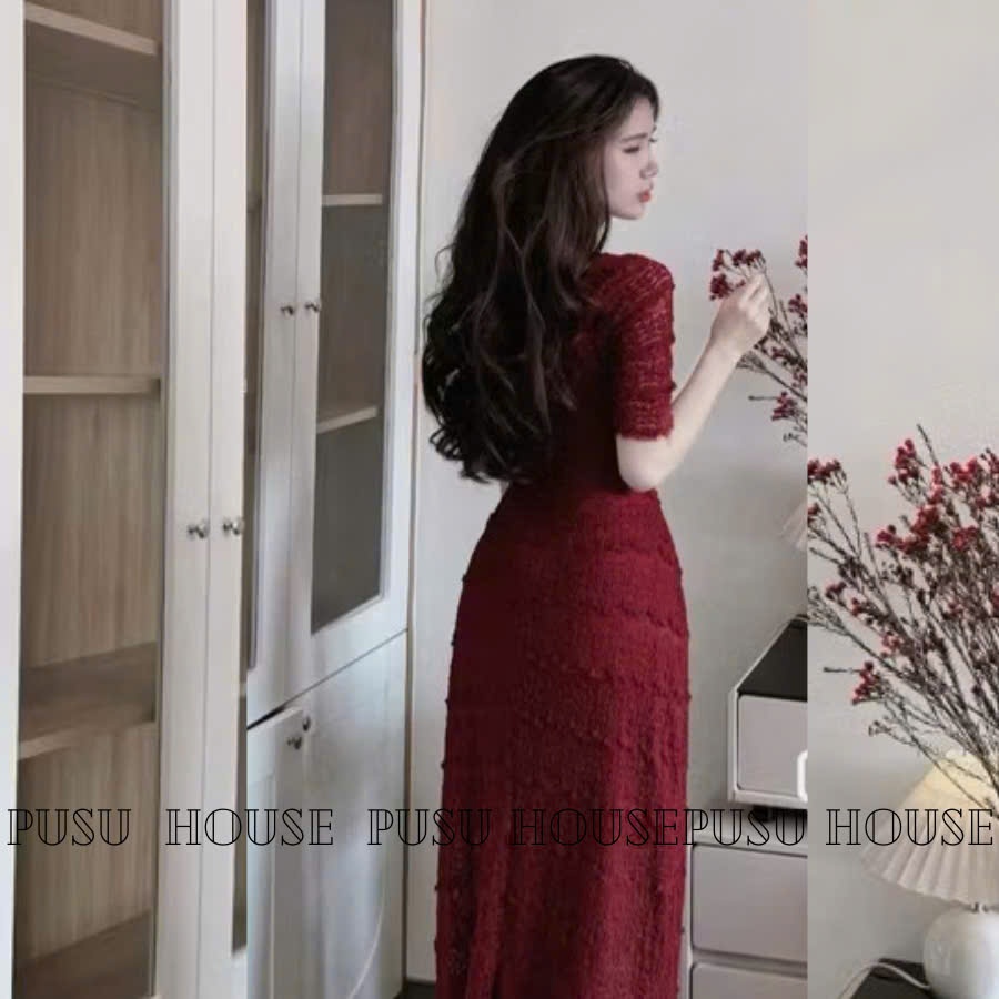 Đầm thiết kế ren thun nhún tay ngắn dáng body ôm dài tôn dáng trẻ trung 3 màu -PUSU HOUSE