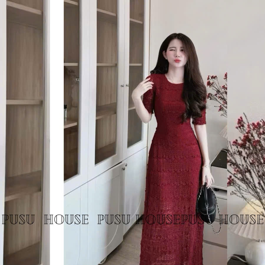 Đầm thiết kế ren thun nhún tay ngắn dáng body ôm dài tôn dáng trẻ trung 3 màu -PUSU HOUSE