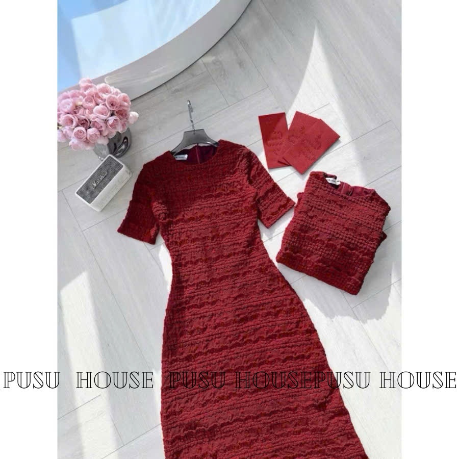 Đầm thiết kế ren thun nhún tay ngắn dáng body ôm dài tôn dáng trẻ trung 3 màu -PUSU HOUSE