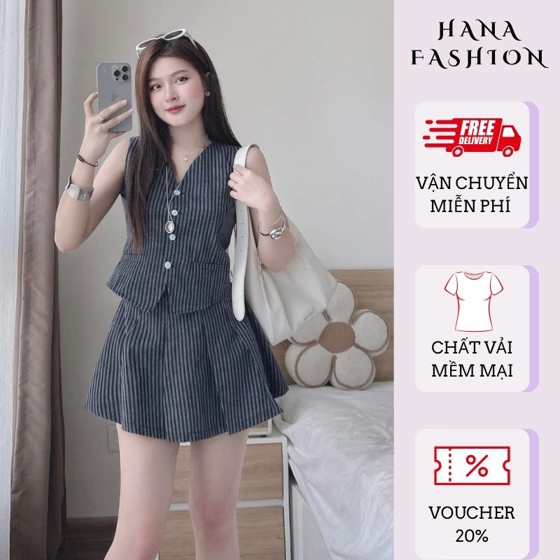 Set bộ nữ sang chảnh kẻ sọc áo cổ yếm đính khuy mix chân váy xoè xếp ly, set đồ nữ đi chơi năng động HCOM26374