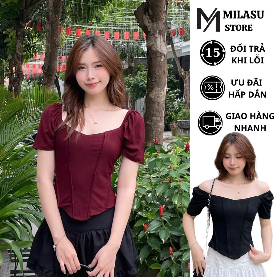 Áo Thun Cổ Vuông Tay Phồng Sang Trọng MILASU Áo Ôm Body Cổ Vuông Quyến Rũ 418