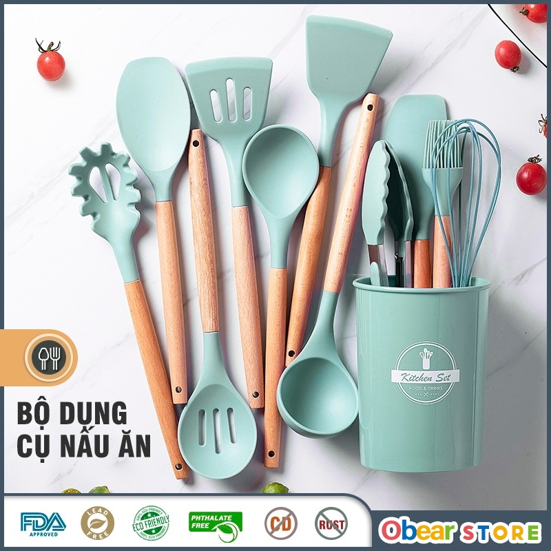 Bộ Dụng Cụ Nấu Ăn Gel Silicone 12 Món Cán Gỗ Kitchen Set Cao Cấp Bằng Chất Liệu An Toàn Tuyệt Đối Chịu Nhiệt Chống Dín