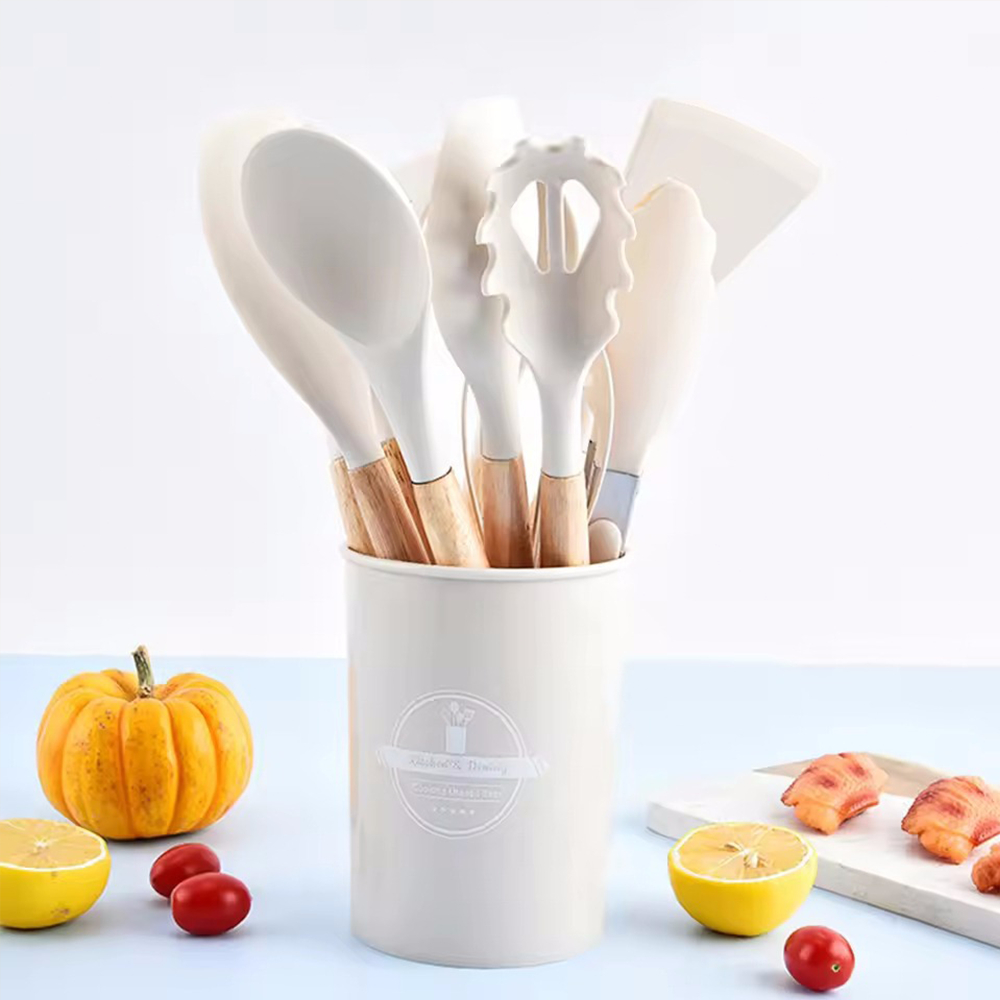 Bộ Dụng Cụ Nấu Ăn Gel Silicone 12 Món Cán Gỗ Kitchen Set Cao Cấp Bằng Chất Liệu An Toàn Tuyệt Đối Chịu Nhiệt Chống Dín