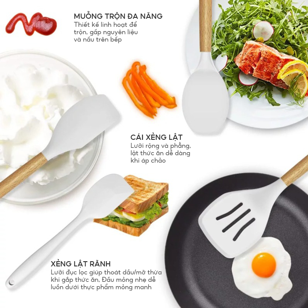 Bộ Dụng Cụ Nấu Ăn Gel Silicone 12 Món Cán Gỗ Kitchen Set Cao Cấp Bằng Chất Liệu An Toàn Tuyệt Đối Chịu Nhiệt Chống Dín