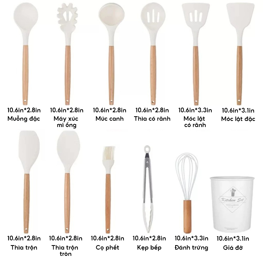 Bộ Dụng Cụ Nấu Ăn Gel Silicone 12 Món Cán Gỗ Kitchen Set Cao Cấp Bằng Chất Liệu An Toàn Tuyệt Đối Chịu Nhiệt Chống Dín