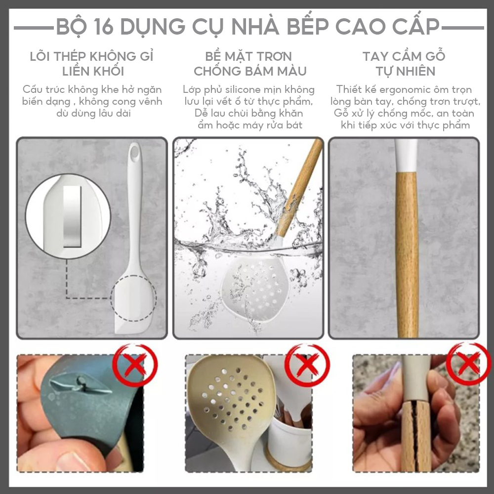 Bộ Dụng Cụ Nấu Ăn Gel Silicone 12 Món Cán Gỗ Kitchen Set Cao Cấp Bằng Chất Liệu An Toàn Tuyệt Đối Chịu Nhiệt Chống Dín