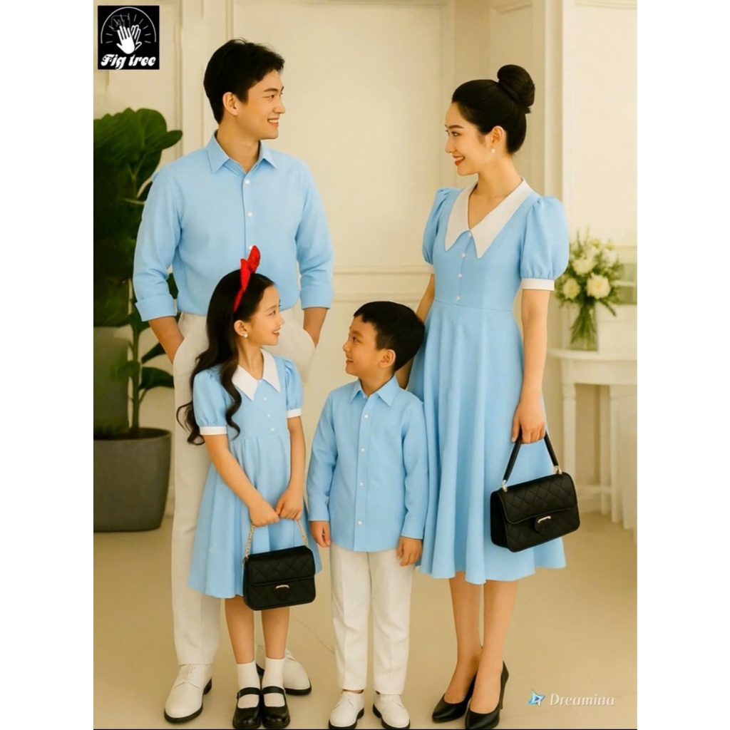 Set Sơ Mi Váy Gia Đình Fig Tree Màu Xanh Nhạt Phối Chụp Hình, Đi Tiệc Siêu Sang ( hàng thiết kế)
