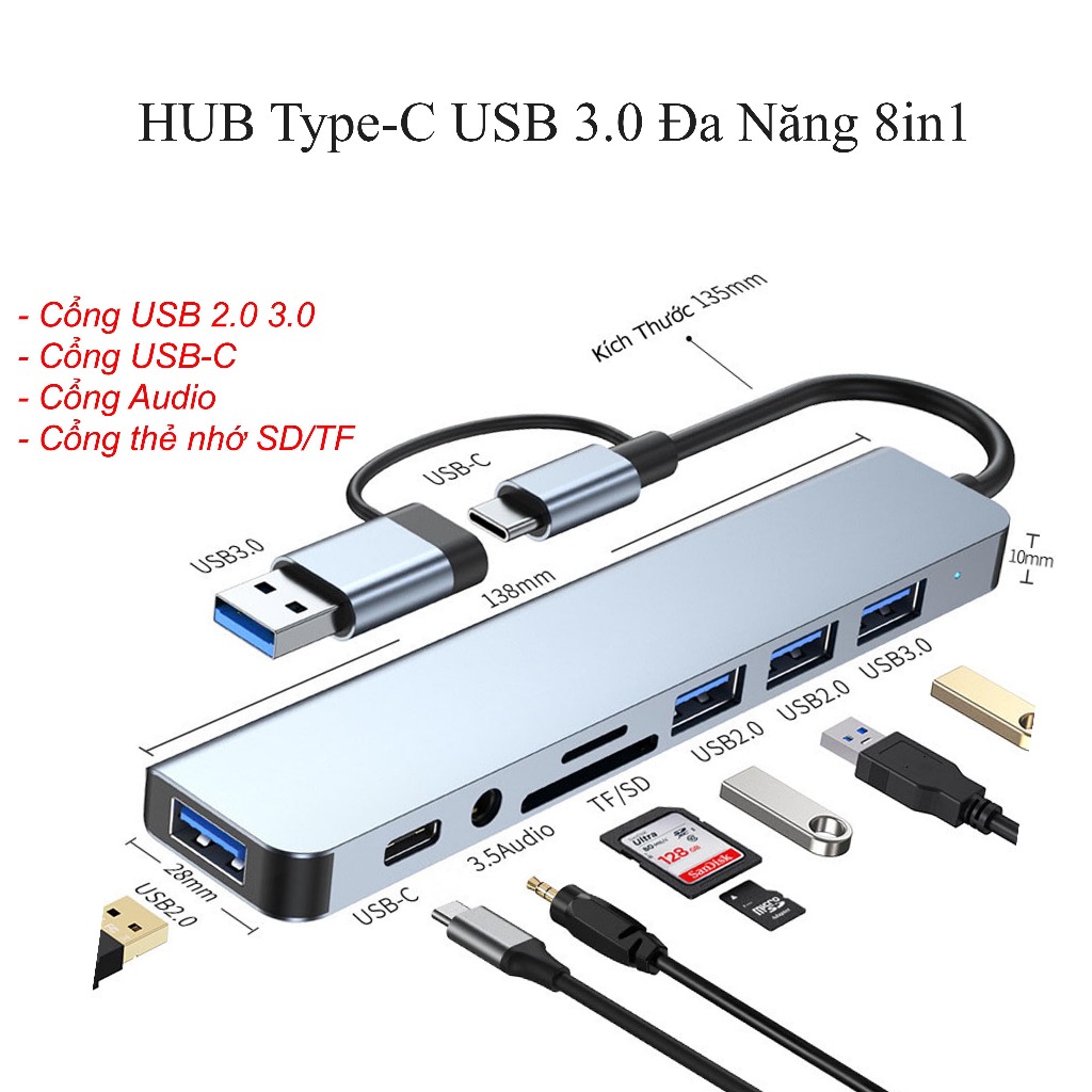Hub type C USB 8 in 1 đa năng cổng chuyển đổi chia cổng USB 3.0 tốc độ ...