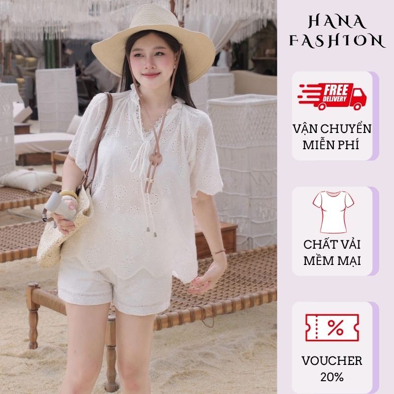 Đồ bộ nữ trắng cổ V tay bồng phối ren, set đồ nữ đi biển voan hoa cổ V mix quần đùi cạp chun HCOM26376