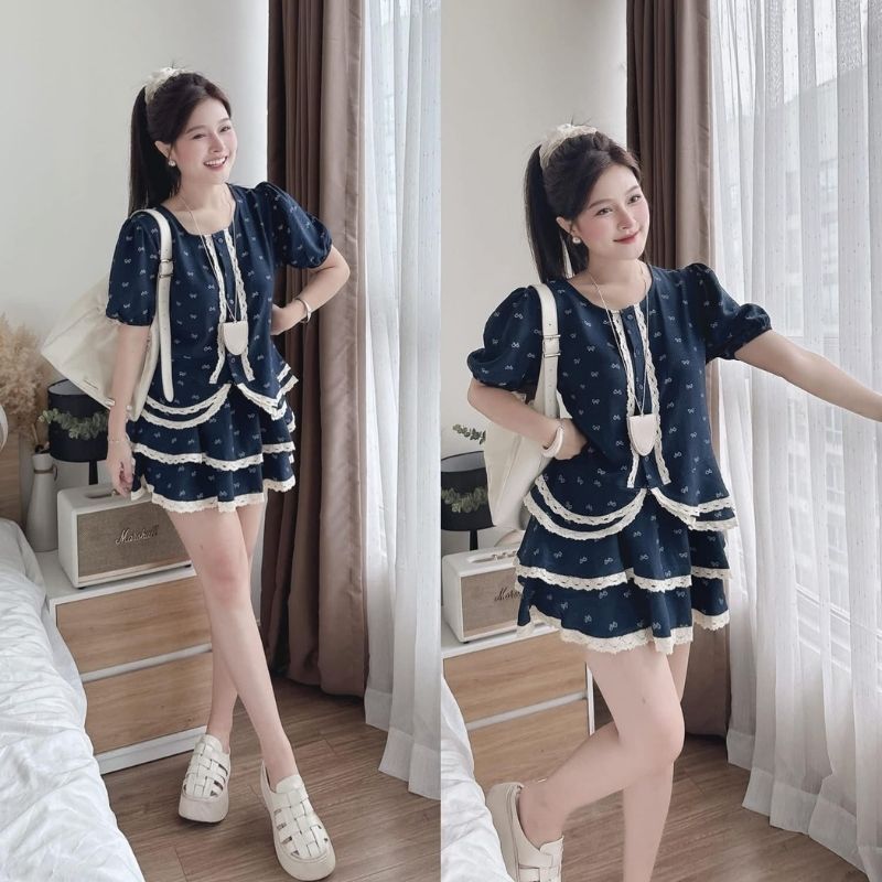Set đồ nữ sang chảnh hoạ tiết nơ viền ren áo cổ tròn mix chân váy tầng xoè, bộ đồ nữ mùa hè tiểu thư HCOM26377