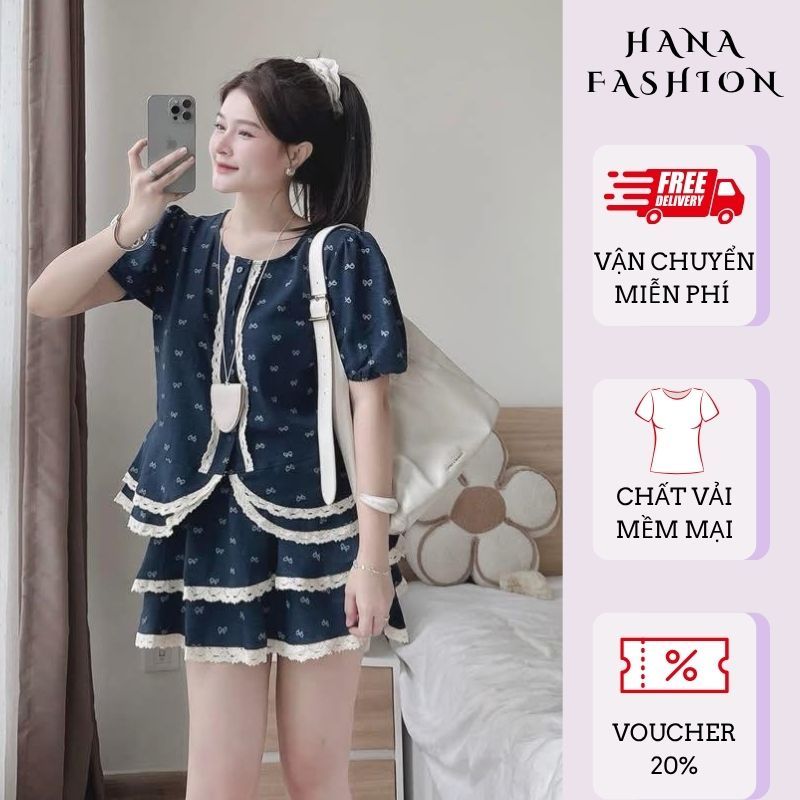 Set đồ nữ sang chảnh hoạ tiết nơ viền ren áo cổ tròn mix chân váy tầng xoè, bộ đồ nữ mùa hè tiểu thư HCOM26377
