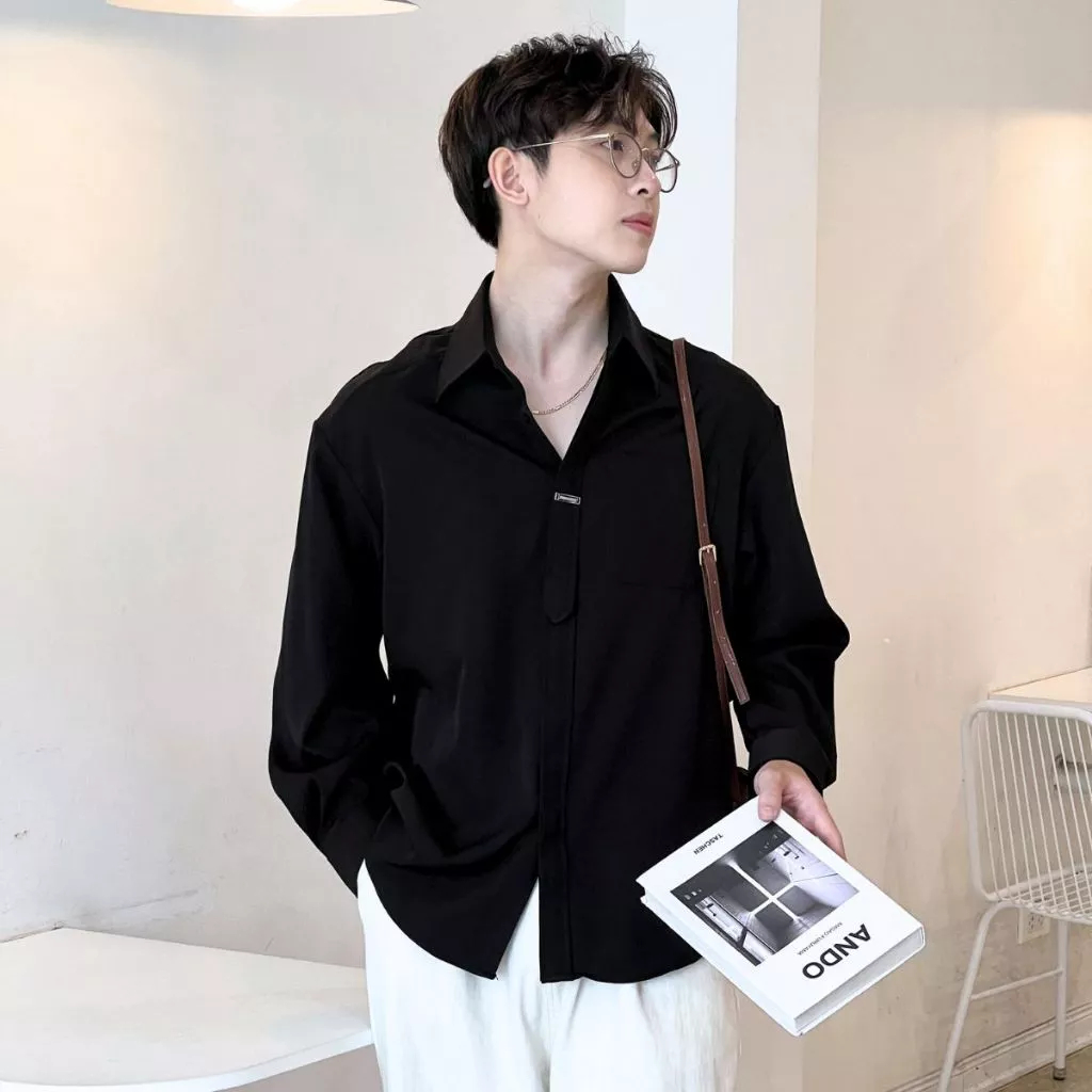 Áo Sơ Mi Nam Dài Tay Chất Chéo Hàn Quốc Form Rộng Đẹp Màu Đen Trắng Size M-2XL Thời Trang Halley A40