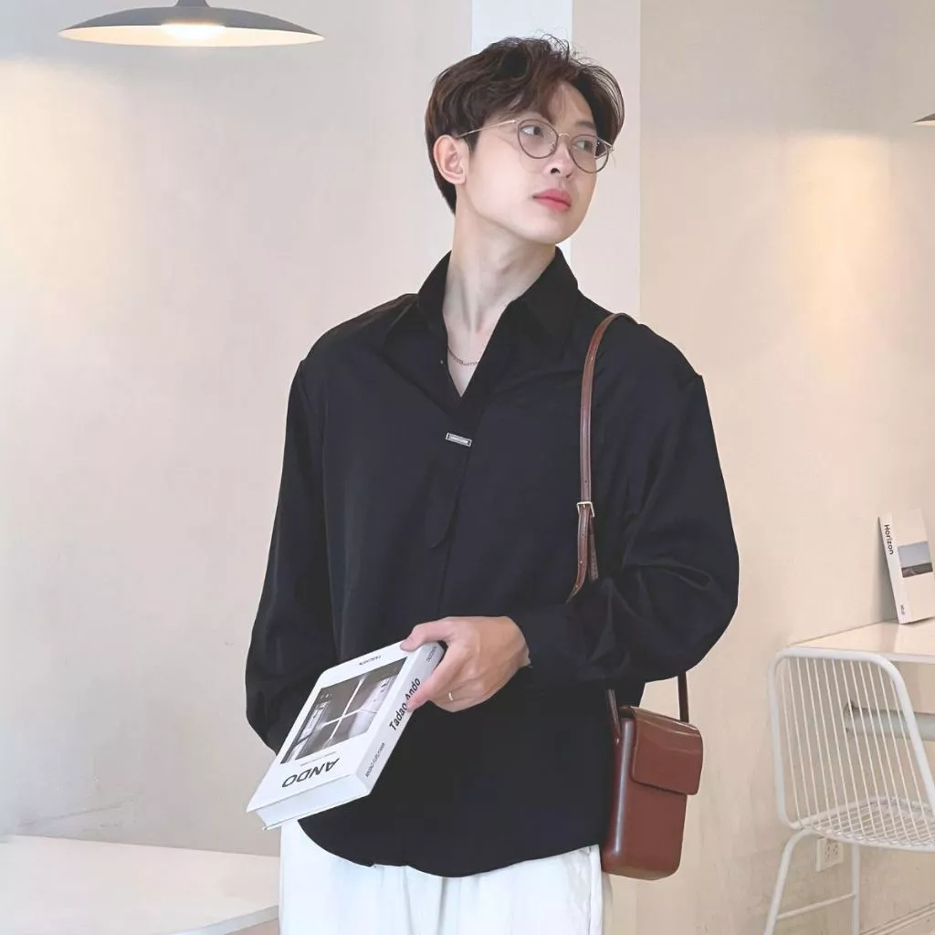 Áo Sơ Mi Nam Dài Tay Chất Chéo Hàn Quốc Form Rộng Đẹp Màu Đen Trắng Size M-2XL Thời Trang Halley A40