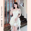 Đầm Hai Dây Xòe Bồng Phối Ren Lưới Dự Tiệc