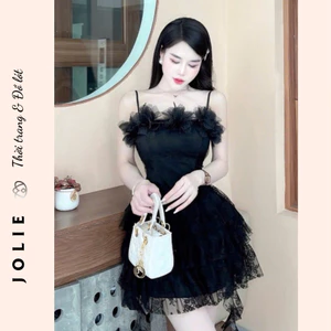Đầm Hai Dây Xòe Bồng Phối Ren Lưới Dự Tiệc