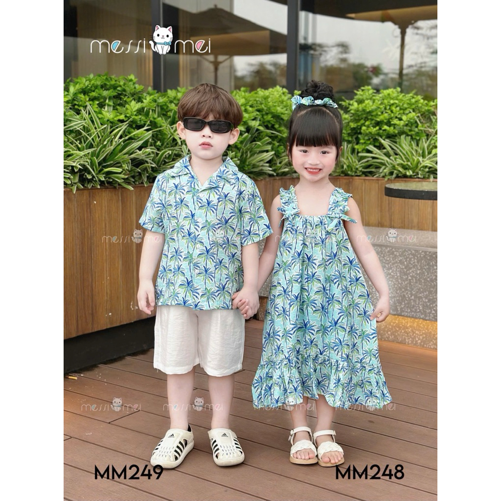 Set Đi Biển Đôi Bé Trai Bé Gái MM 1-10Y (8-40kg), Bộ Bé Trai và Váy Bé Gái Kèm Dây Buộc Tóc Rất Xinh