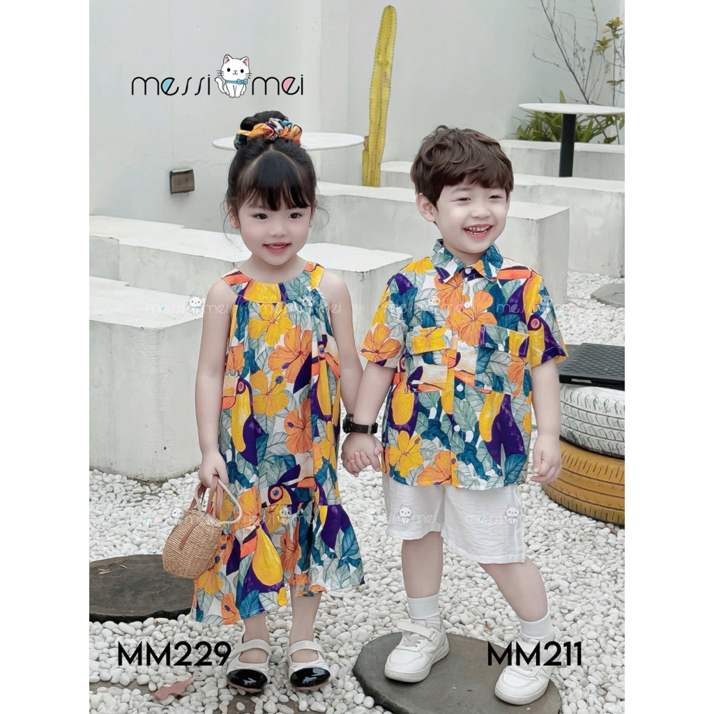 Set Đi Biển Đôi Bé Trai Bé Gái MM 1-10Y (8-40kg), Bộ Bé Trai và Váy Bé Gái Kèm Dây Buộc Tóc Rất Xinh