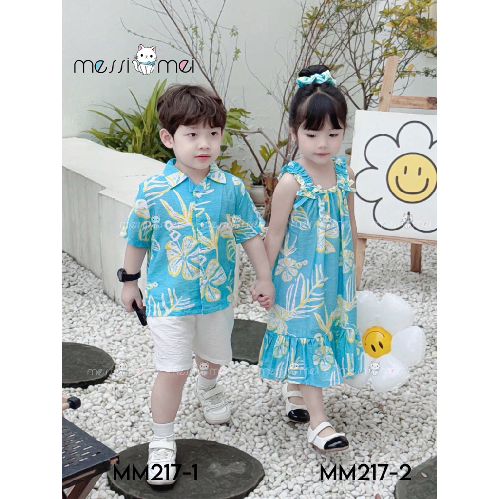 Set Đi Biển Đôi Bé Trai Bé Gái MM 1-10Y (8-40kg), Bộ Bé Trai và Váy Bé Gái Kèm Dây Buộc Tóc Rất Xinh