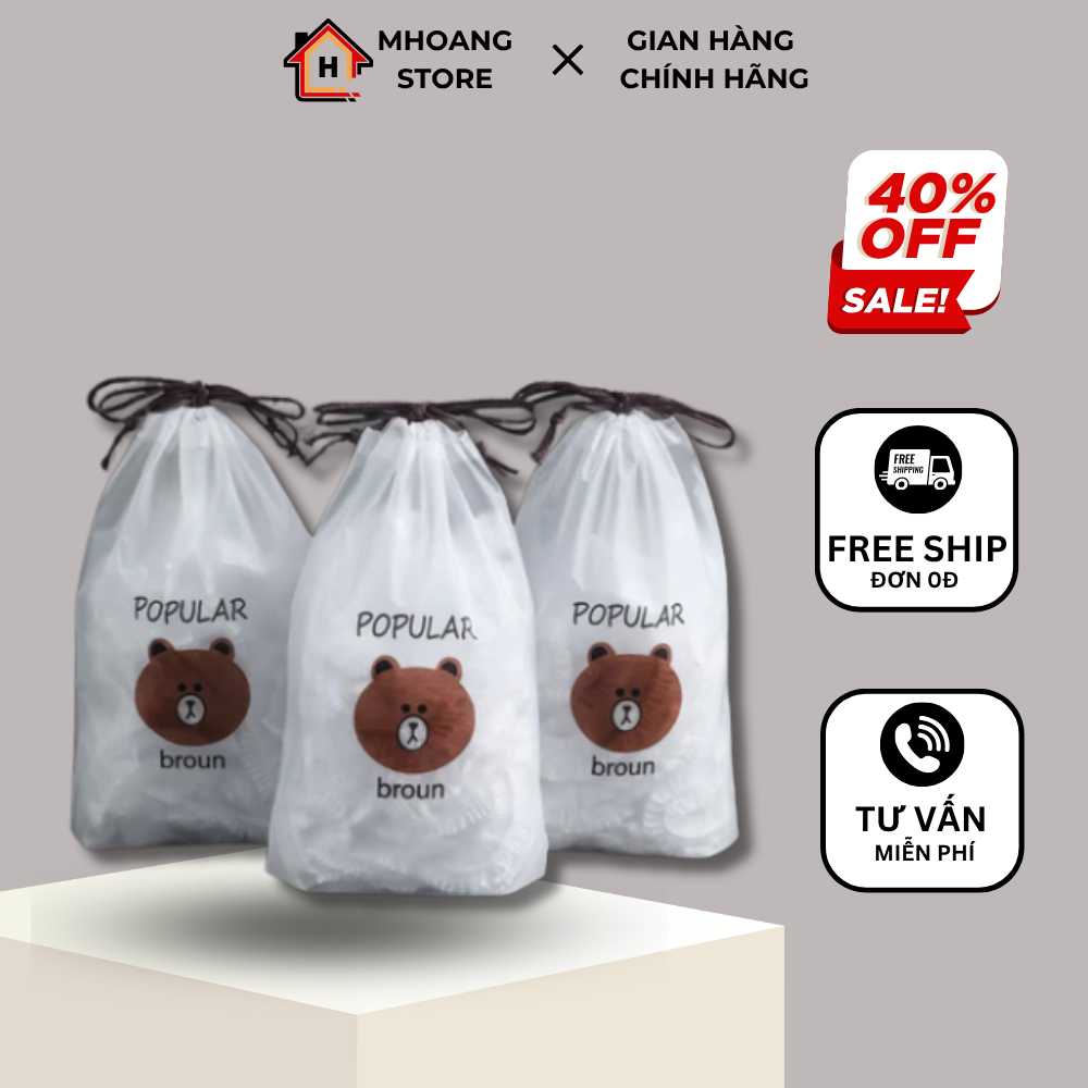 COMBO 5 Sét 100 Màng Bọc Thực Phẩm PE Hình Gấu Có Chun Bo Tái Sử Dụng Được Nhiều Lần