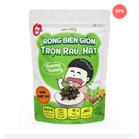 Combo 6 rong biển giòn trộn khô gà, hải sản, hạt óc chó hạnh nhân, cá hồi, rau&hạt O'Food