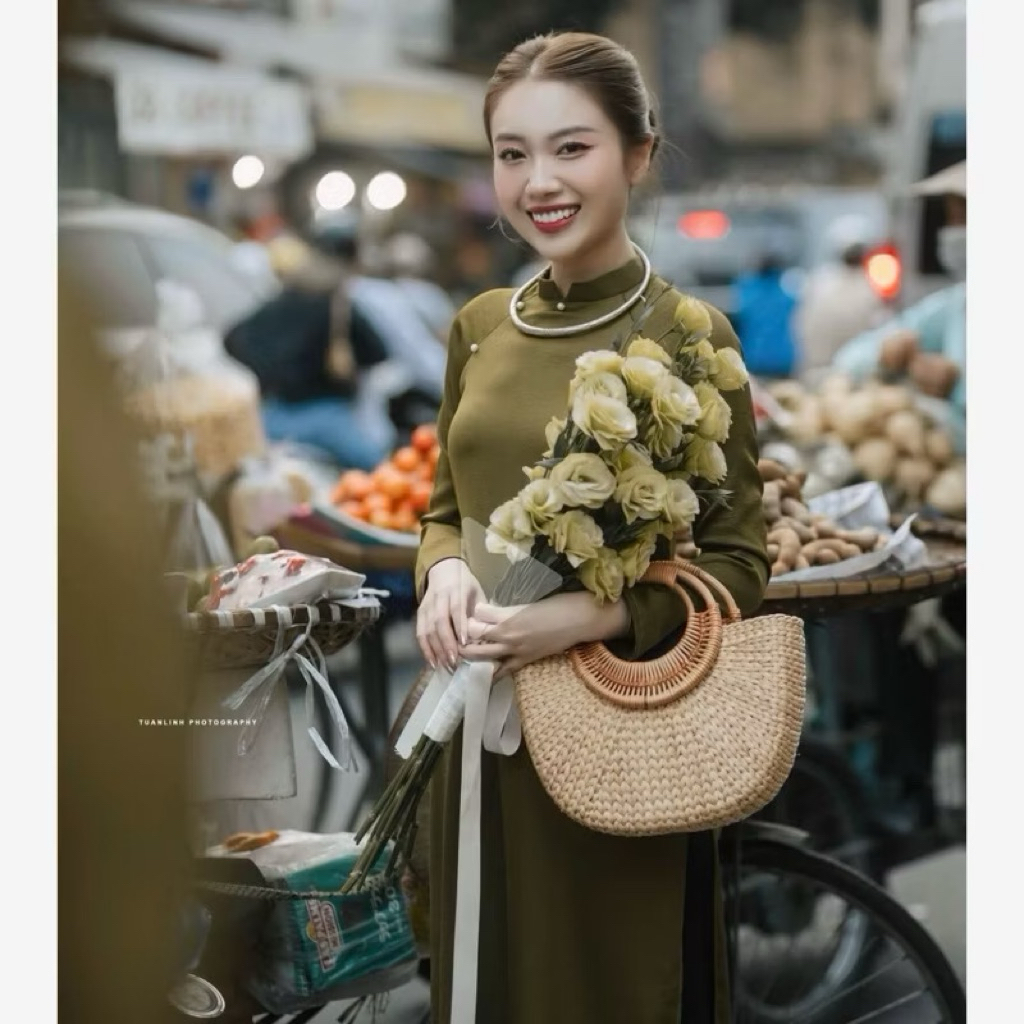 Túi cói lục bình vintage đính hoa ruy băng hàng loại 1