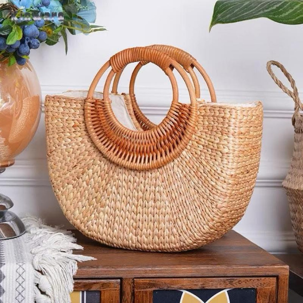Túi cói lục bình vintage đính hoa ruy băng hàng loại 1