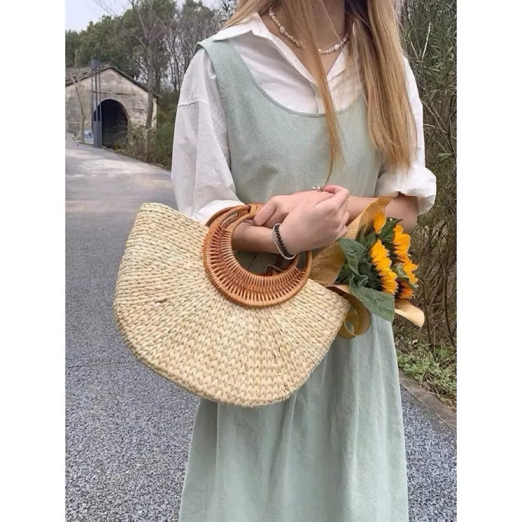 Túi cói lục bình vintage đính hoa ruy băng hàng loại 1
