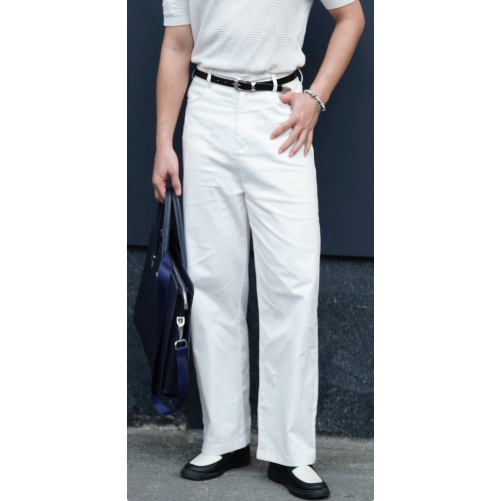Quần Kaki  trắng nam ống đứng form rộng | Quần dài denim trắng basic phong cách Hàn Quốc