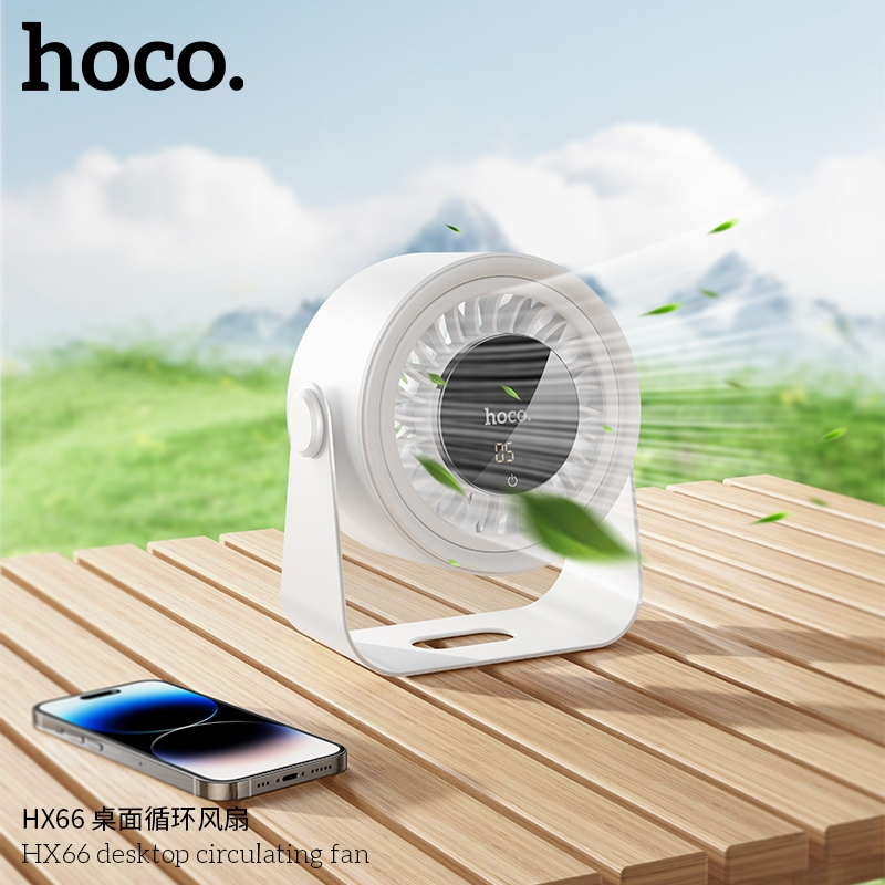 Quạt tích điện Hoco HX66 để bàn, treo tường có 5 tốc độ gió nhỏ màn hình led cảm ứng hiện thị pin