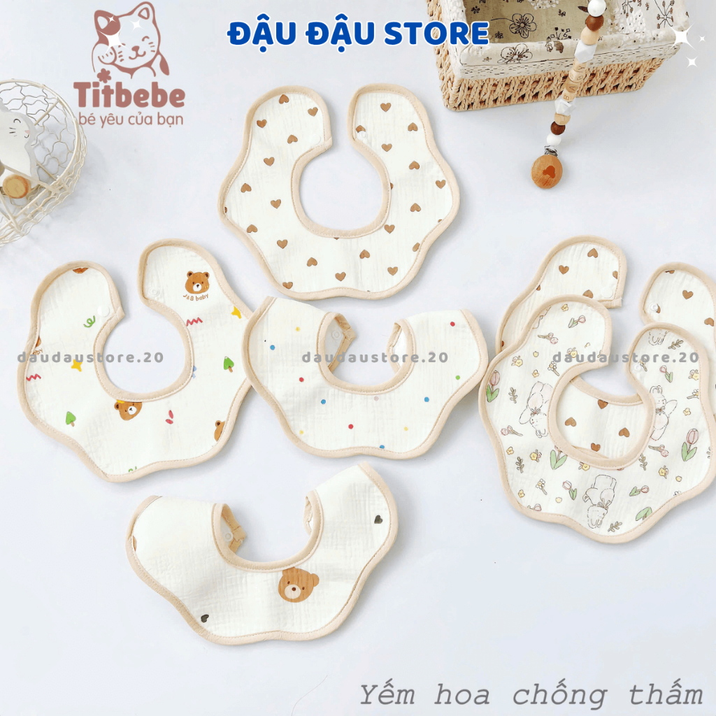 Set 4 Yếm Hoa Yếm Tròn Xô Muslin Chống Thấm Cúc Bấm 4 lớp cao cấp mềm mại cho bé trai bé gái Đậu Đậu Store