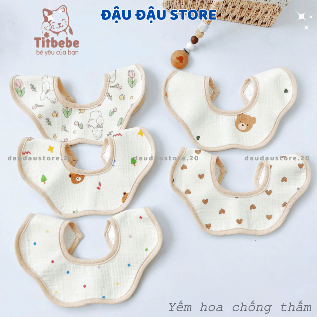 Set 4 Yếm Hoa Yếm Tròn Xô Muslin Chống Thấm Cúc Bấm 4 lớp cao cấp mềm mại cho bé trai bé gái Đậu Đậu Store
