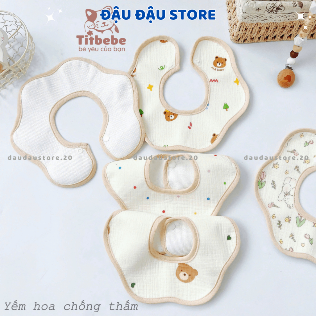 Set 4 Yếm Hoa Yếm Tròn Xô Muslin Chống Thấm Cúc Bấm 4 lớp cao cấp mềm mại cho bé trai bé gái Đậu Đậu Store