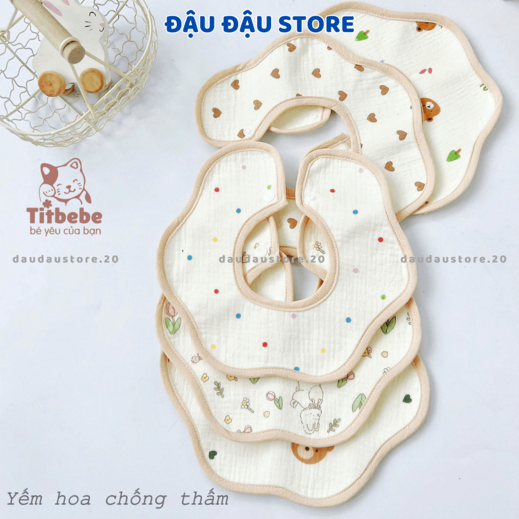 Set 4 Yếm Hoa Yếm Tròn Xô Muslin Chống Thấm Cúc Bấm 4 lớp cao cấp mềm mại cho bé trai bé gái Đậu Đậu Store