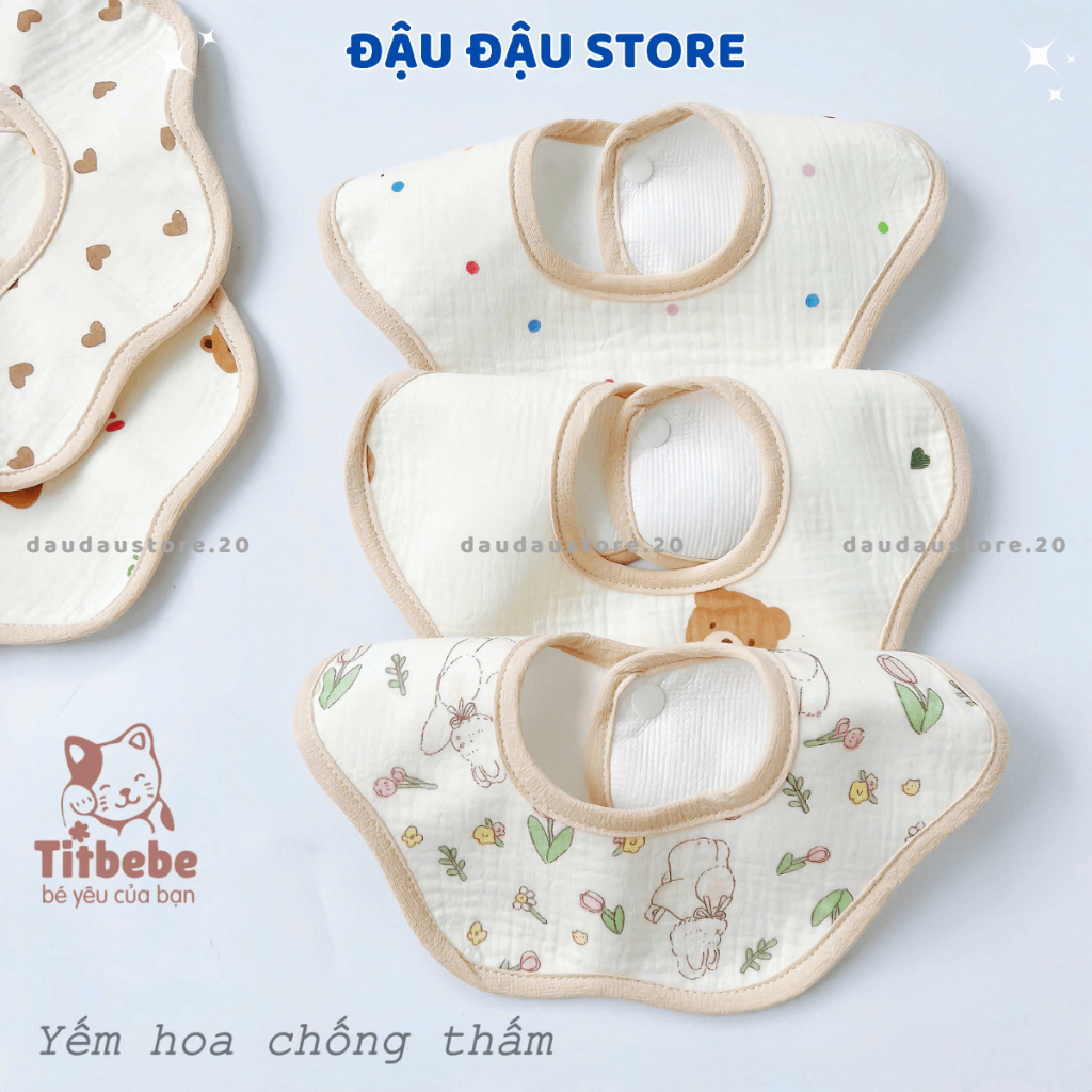 Set 4 Yếm Hoa Yếm Tròn Xô Muslin Chống Thấm Cúc Bấm 4 lớp cao cấp mềm mại cho bé trai bé gái Đậu Đậu Store