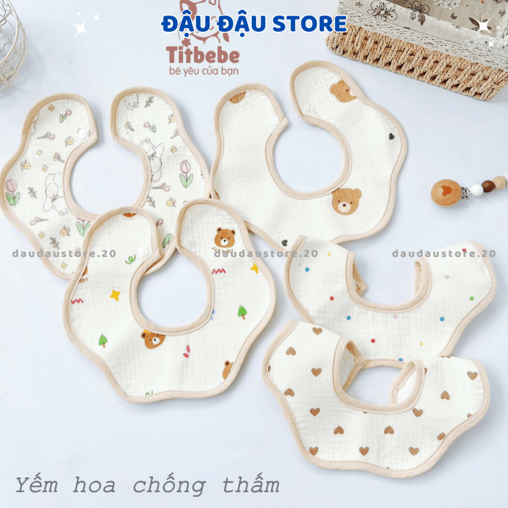 Set 4 Yếm Hoa Yếm Tròn Xô Muslin Chống Thấm Cúc Bấm 4 lớp cao cấp mềm mại cho bé trai bé gái Đậu Đậu Store