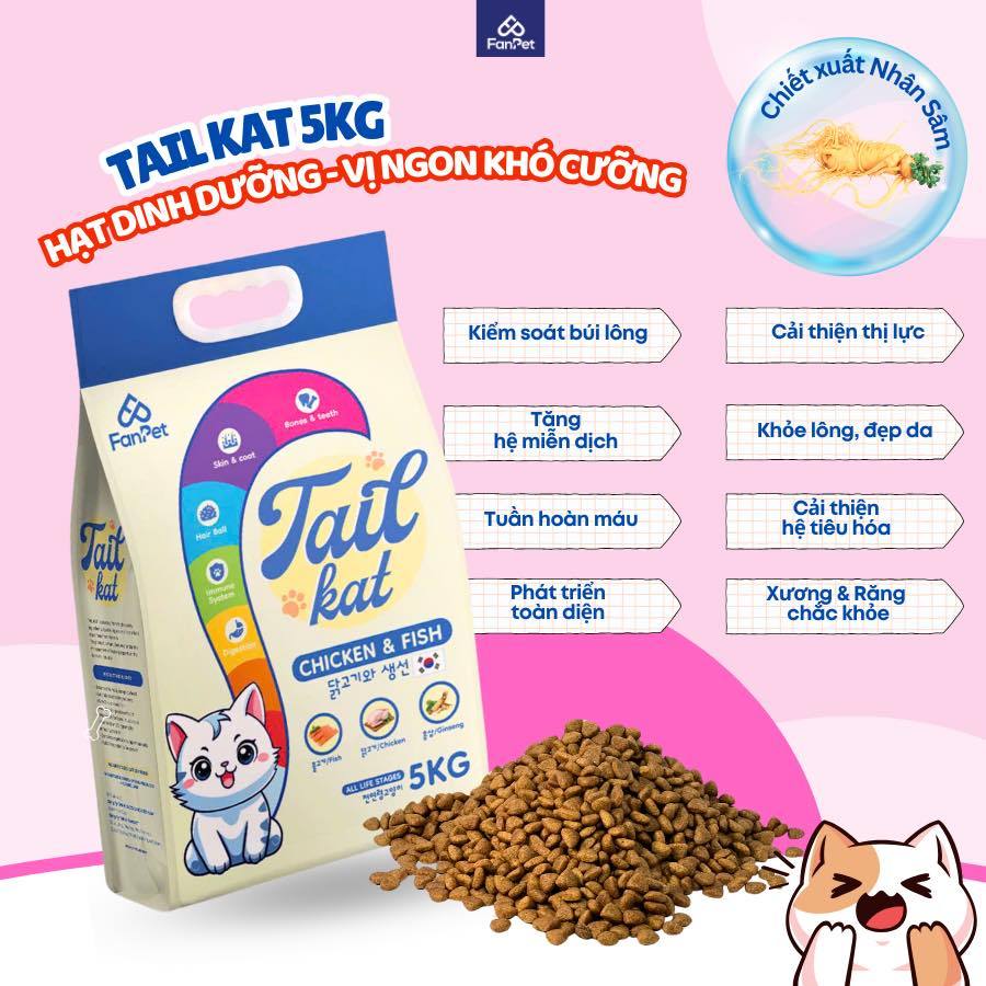 [Tặng 5 Lon Pate 400G] Thức Ăn Hạt Tail Kat Cho Mèo Mọi Lứa Tuổi Vị Gà & Cá Hồi - Bao 5kg Tặng 5 Lon