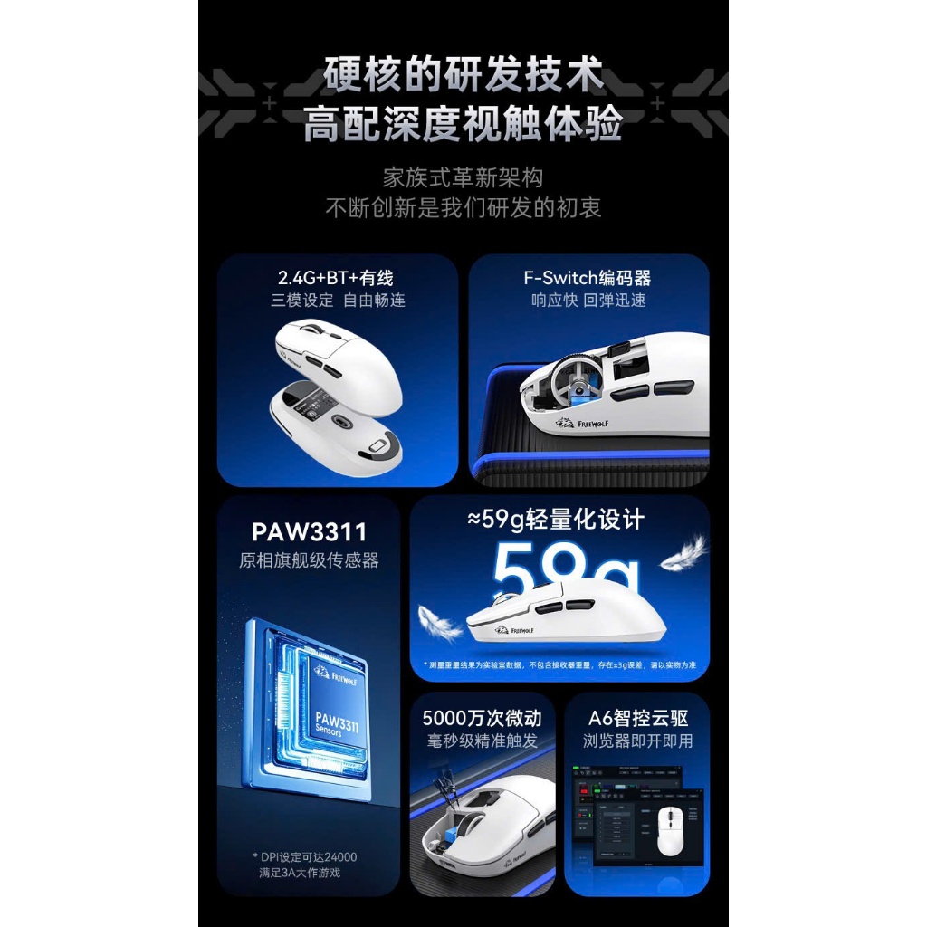 Chuột gaming không dây Ziyou FreeWolf A6 | 3 mode kết nối | Paw 3311 chuyên game | 24k dpi | BigBuy360 - bigbuy360.vn