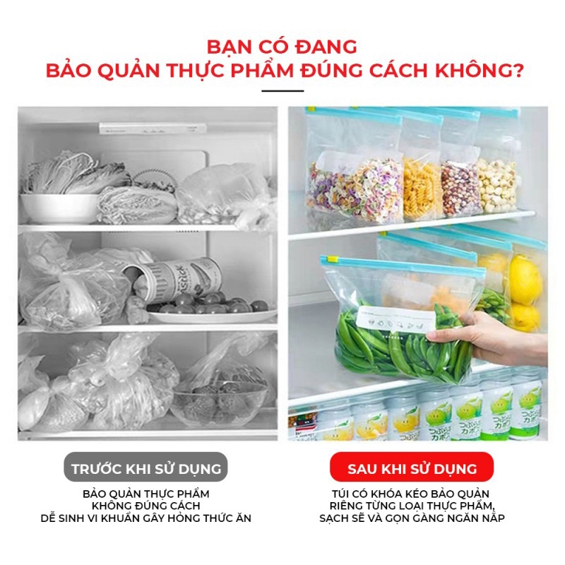 Combo 10-20 Túi Zip Đựng Thực Phẩm V3, Bảo Quản Thức Ăn Có Khóa Kéo, Có Ô Ghi Chú Ghi Tên - Ngày Mua (Dùng nhiều lần)