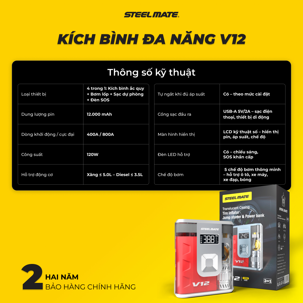 [DEAL SỐC - MUA 1 TẶNG 1] Kích Bình Ô Tô & Bơm Lốp STEELMATE V12 - Dung Lượng Pin 12.000mAh, Bảo Hành 2 Năm