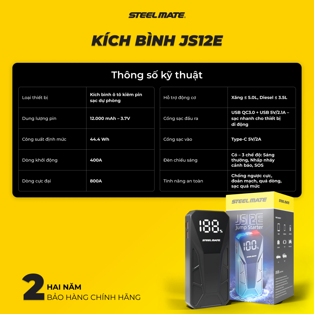 [DEAL SỐC - MUA 1 TẶNG 1] Kích Bình Ô Tô STEELMATE JS12E - Dung Lượng 12.000mAh, Đèn LED Khẩn Cấp, BH 2 Năm