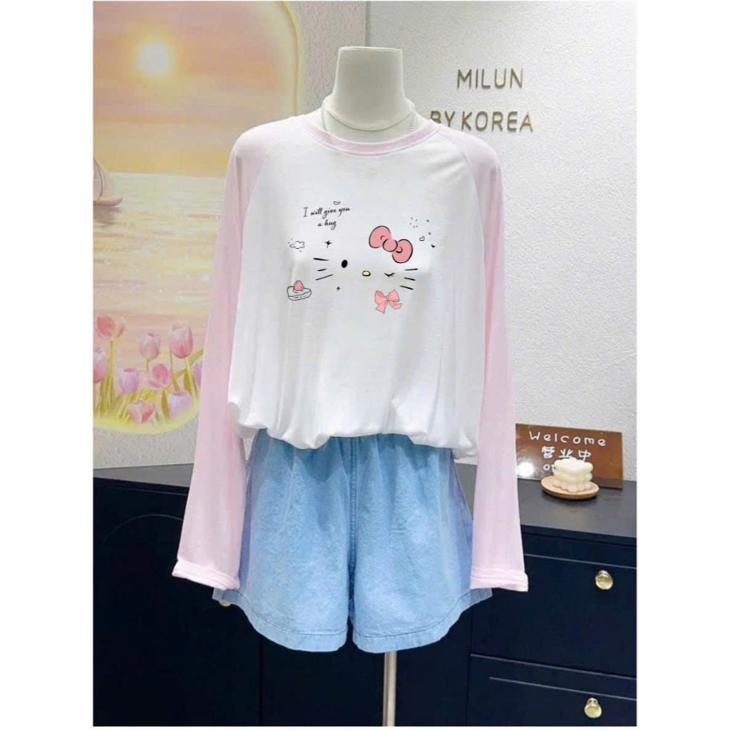 Áo thun Nữ tay dài phối màu Vintage ALICEVN, Áo thun dài tay phối in hình dể thương, chất thun xượt mềm mát