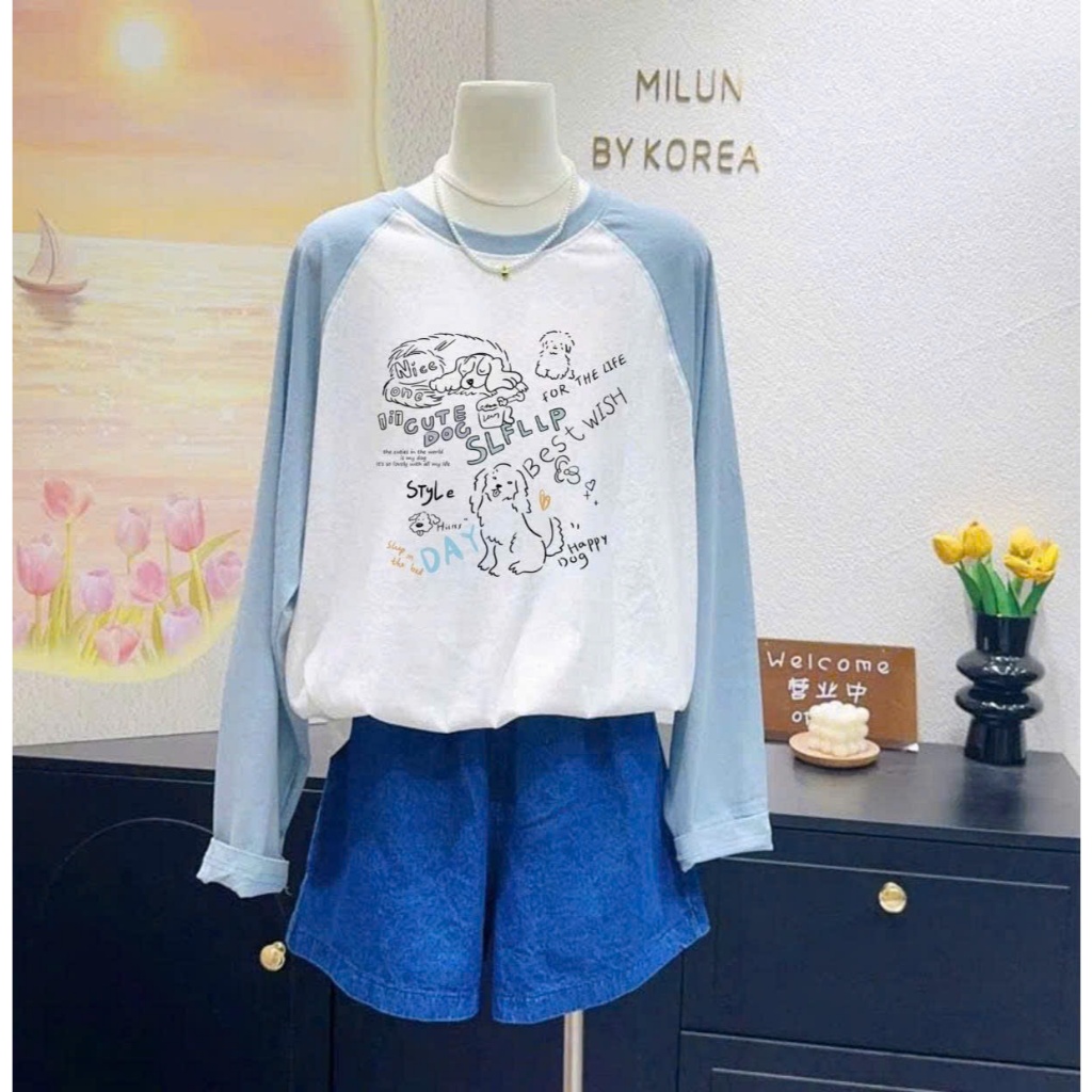 Áo thun Nữ tay dài phối màu Vintage ALICEVN, Áo thun dài tay phối in hình dể thương, chất thun xượt mềm mát