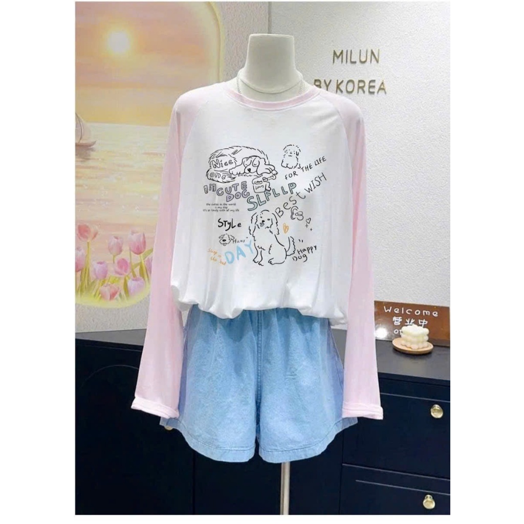 Áo thun Nữ tay dài phối màu Vintage ALICEVN, Áo thun dài tay phối in hình dể thương, chất thun xượt mềm mát