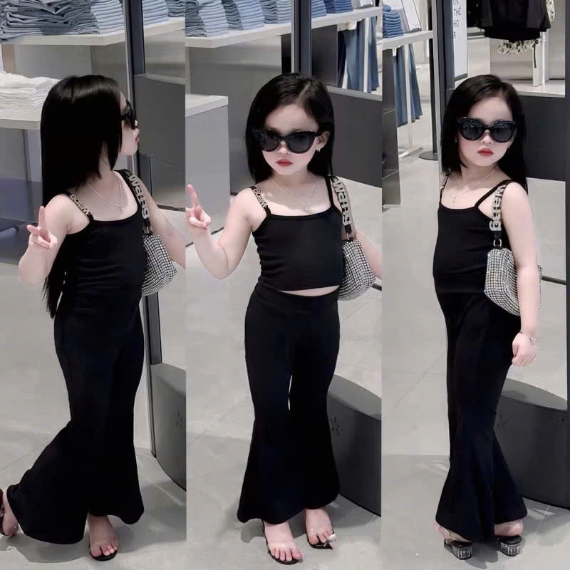 ÁO 2 DÂY ĐEN QUẦN LOE ĐÍNH CHAM CHO BÉ GÁI