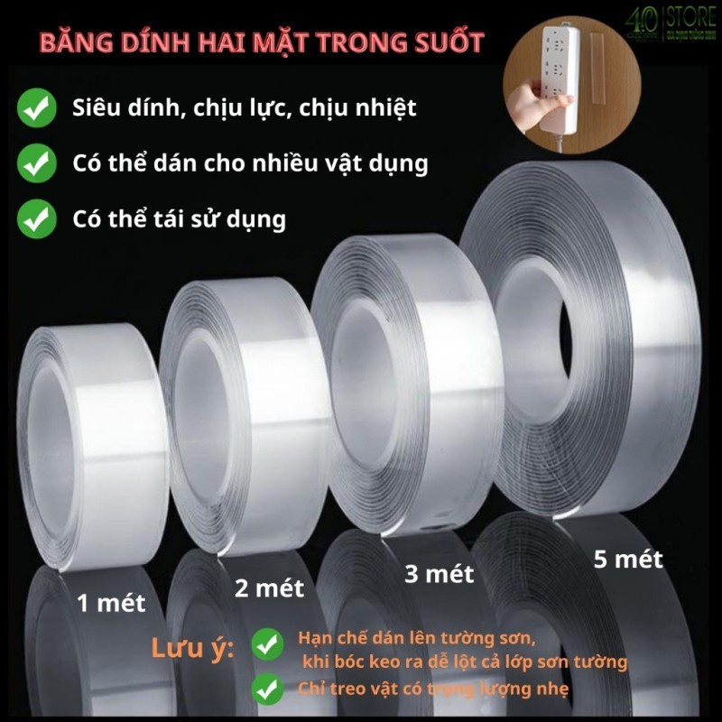 Băng Dính 2 Mặt Nano Trong Suốt Băng Dính 2 Mặt Siêu Dính Dán Cố Định Đồ Vật Không Thấm Nước Có Thể Tái Sử Dụng