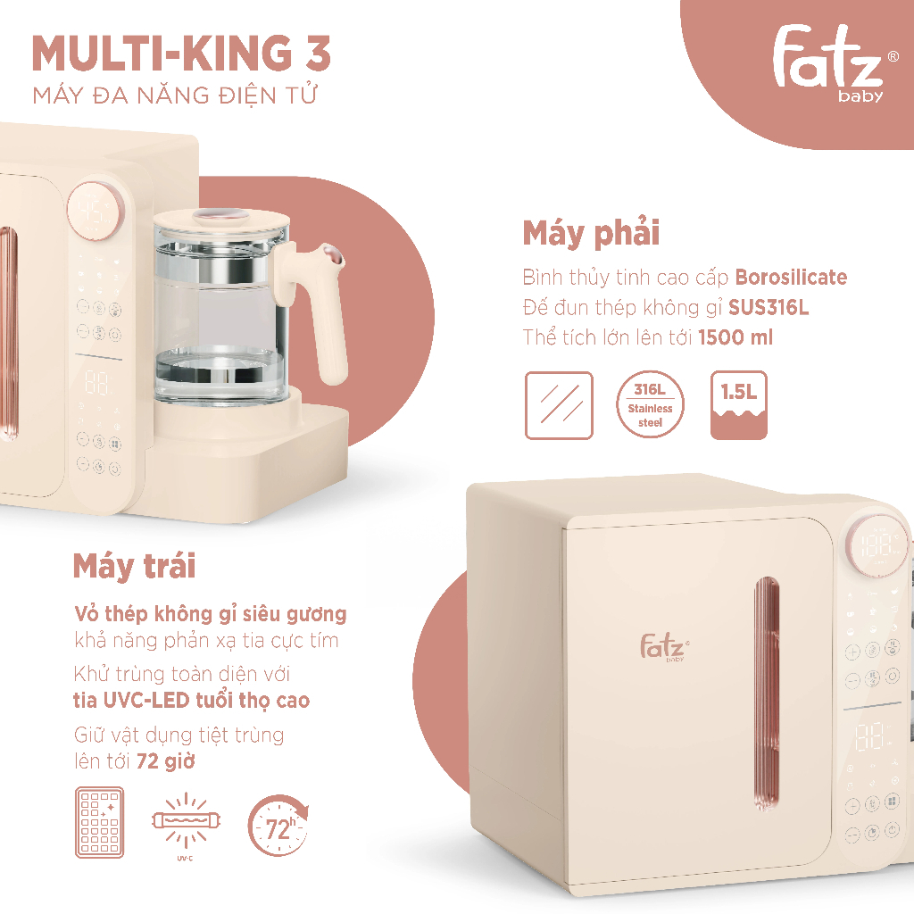 Máy đa năng điện tử tiệt trùng UVC LED Sấy khô Đun hâm nước Fatz Baby Multi-King 2 - Multi-King 3 - Multi-King 4 BH 12th